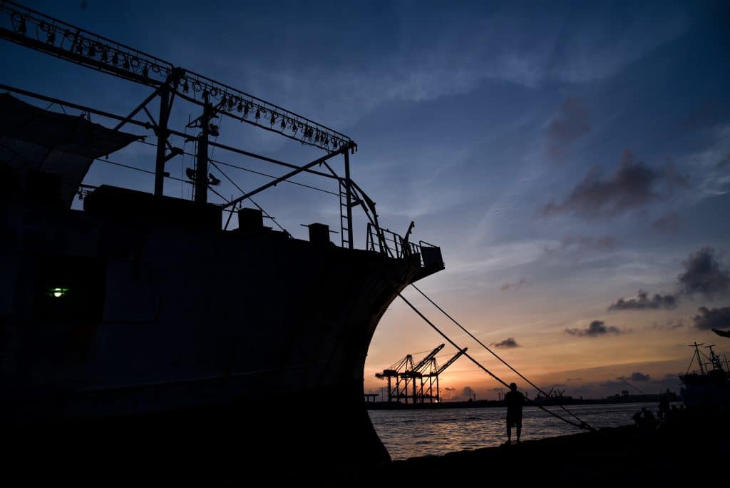 view of tanker docked at night